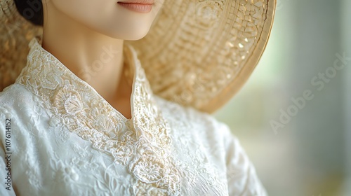 A close-up of the intricate stitching on a white Ao Dai, the delicate fabric contrasting with the woven texture of the Non La hat, the soft light highlighting the craftsmanship, photo