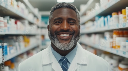 Smiling Pharmacist in a White Coat Stands Confidently in a Pharmacy Aisle Filled With Colorful Medication Bottles During Daylight Hours