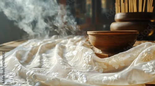 A close-up of the Quan Am Ao Dai, focusing on the intricate white-on-white embroidery of lotus petals, the fabric glistening in soft ambient light, photo