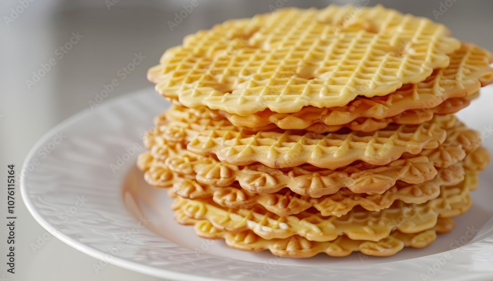 A stack of golden brown waffle cookies on a white plate. A stack of golden brown waffle cookies on a white plate.
