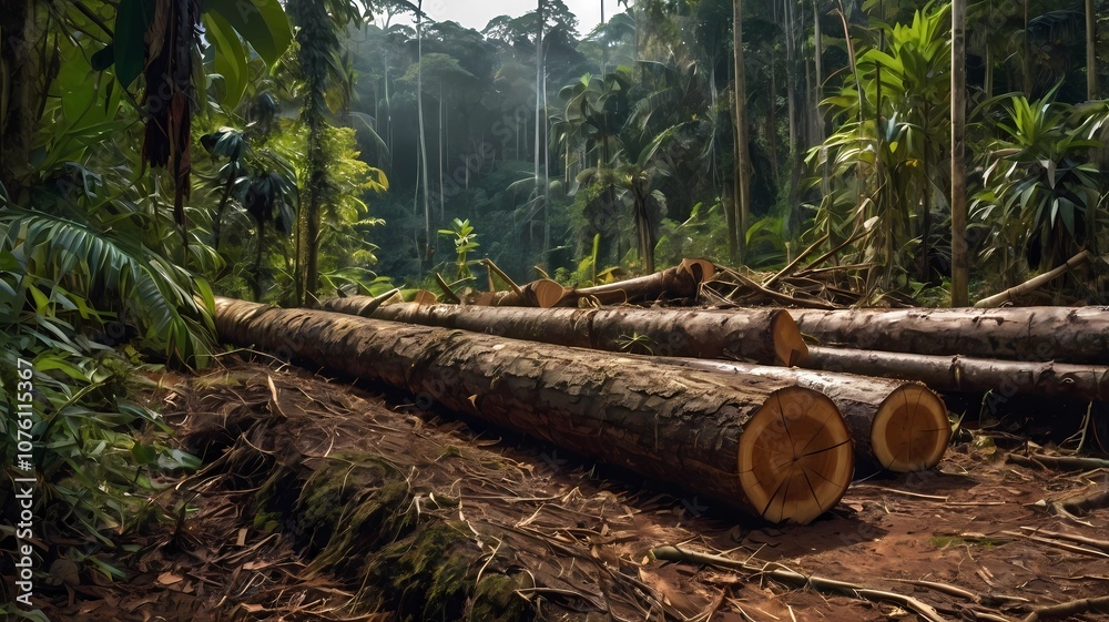 Deforestation in the rainforest. Trunks of trees cut down by illegal loggers and forest in the background. Deforestation in the rainforest. Trunks of trees cut down by illegal loggers and forest in the background.