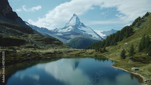 A serene mountain landscape with a reflective lake and majestic peaks under a clear sky.