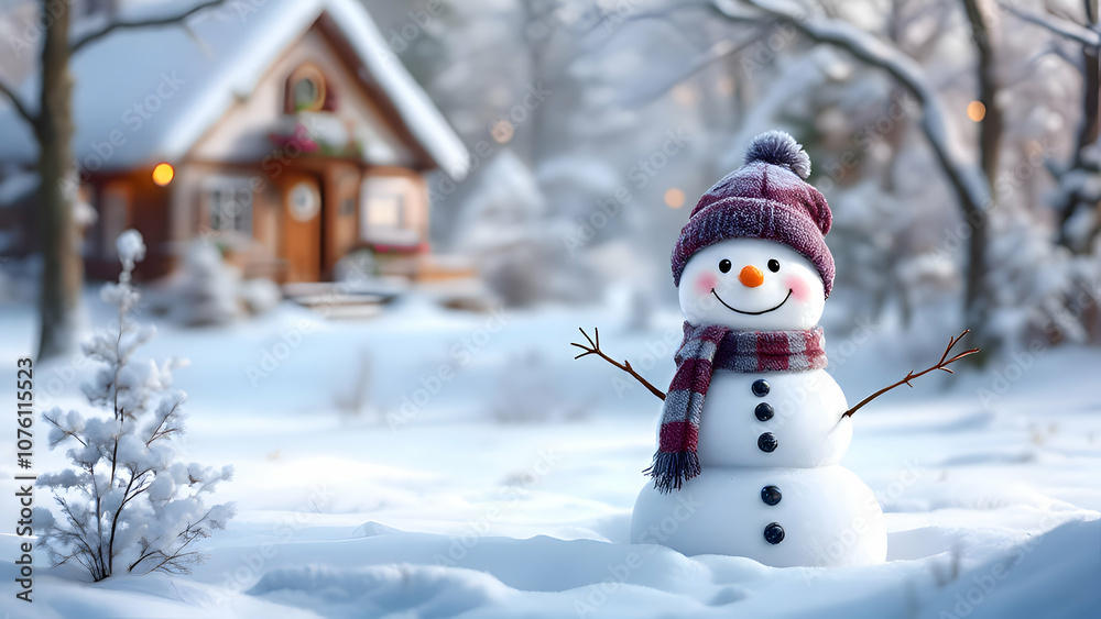 Fototapeta premium A snowman with a hat and scarf stands in front of a house. The scene is set in a snowy landscape, with the snowman being the main focus of the image and house in blur.