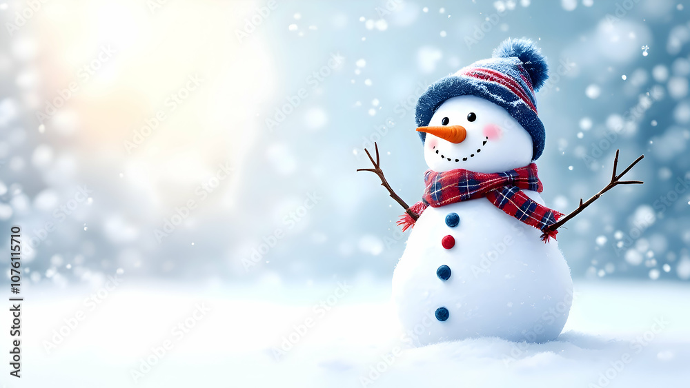 A snowman with a hat and scarf stands in front of a house. The scene is set in a snowy landscape, with the snowman being the main focus of the image and house in blur. A snowman with a hat and scarf stands in front of a house. The scene is set in a snowy landscape, with the snowman being the main focus of the image and house in blur.