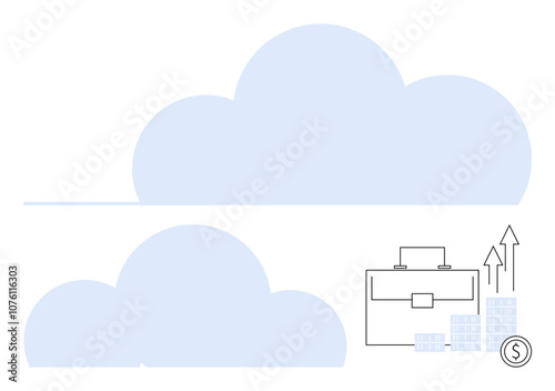 Business briefcase with rising graph arrows, stacks of coins, and dollar symbol below fluffy blue clouds. Ideal for finance, investment, growth, business, economics, cloud computing and savings