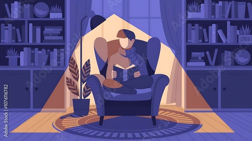 An illustration of an individual sitting in a comfy chair with a book in hand, surrounded by bookshelves and a warm reading light. photo