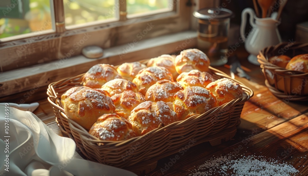 A wicker basket filled with freshly baked cream puffs dusted with powdered sugar, sitting on a wooden table by a window.