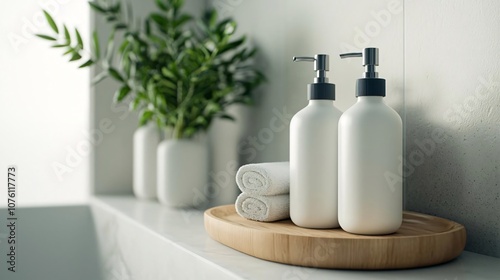 Minimalist bathroom decor featuring elegant soap dispensers, rolled towels, and fresh greenery for a calming ambiance.