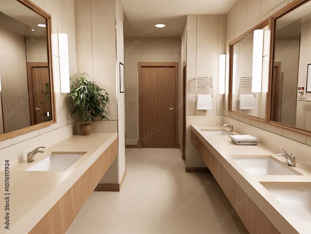 Fototapeta premium Modern bathroom interior design featuring dual sinks, mirrors, and natural touches. Stylish and functional space.