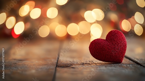Plush Red Heart on Wooden Surface with Dreamy Bokeh Lights