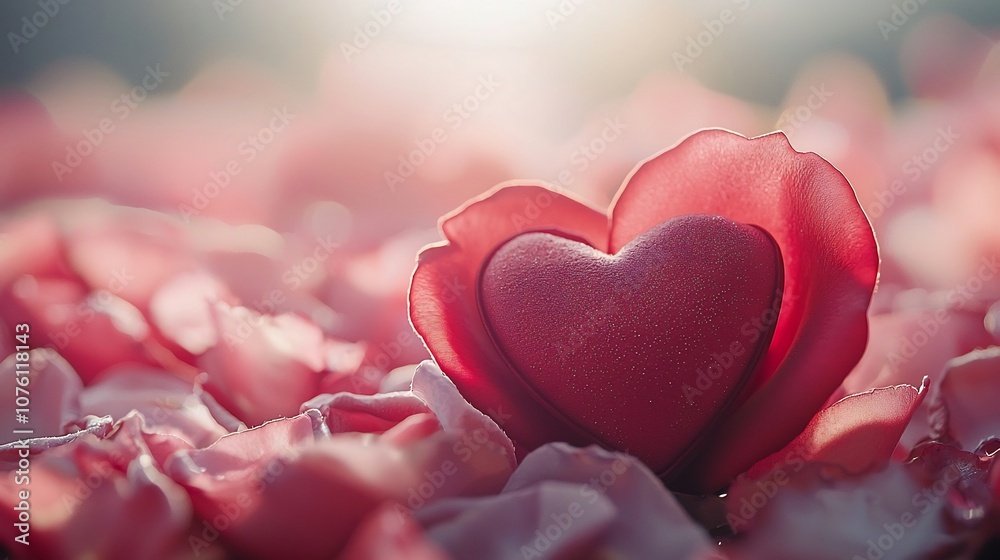 Fototapeta premium Heartfelt Red Rose Petals on Blurred Nature Background for Valentine's Day or Love Themed Greeting
