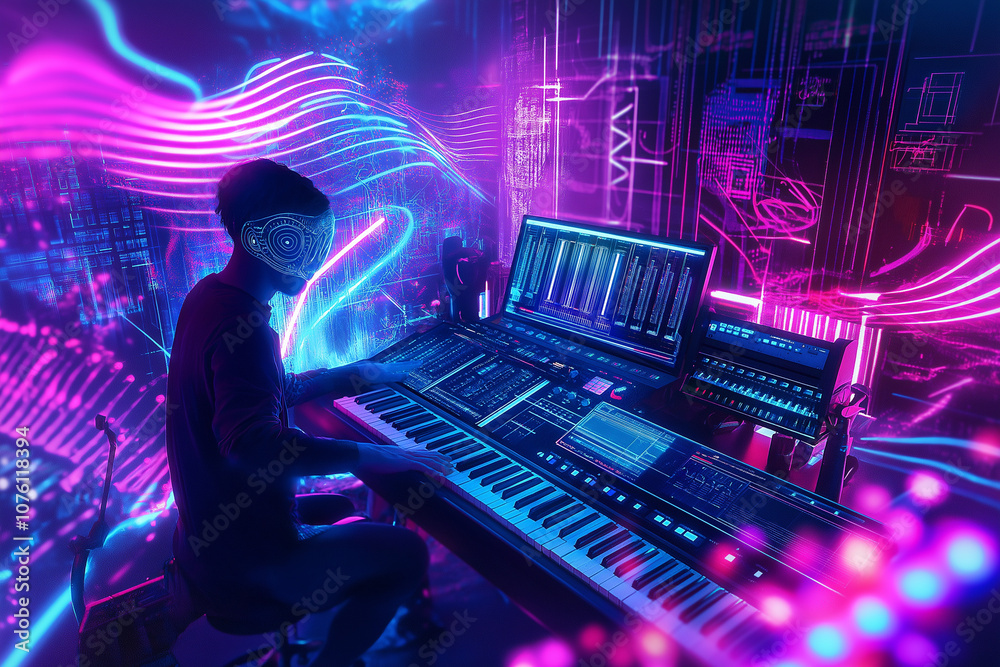 Digital musician wearing futuristic mask in neon-lit music studio Digital musician wearing futuristic mask in neon-lit music studio