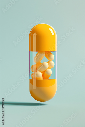 Yellow capsule floating with visible smaller capsules inside.