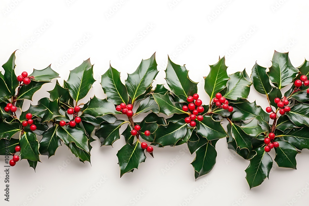 Close-up of holly sprigs with vibrant red berries and shiny green leaves against a clean white backdrop. Close-up of holly sprigs with vibrant red berries and shiny green leaves against a clean white backdrop.