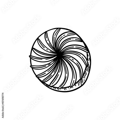 Round chocolate candy with swirl on top. Vector illustration isolated on white background. Black and white sketched style.
