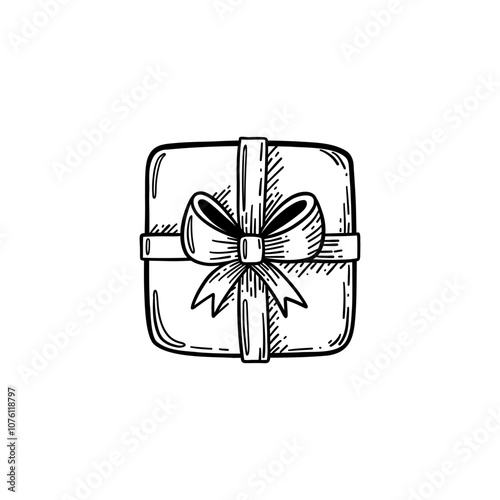 Chocolate candy with bow. Vector illustration isolated on white background. Black and white sketched style.