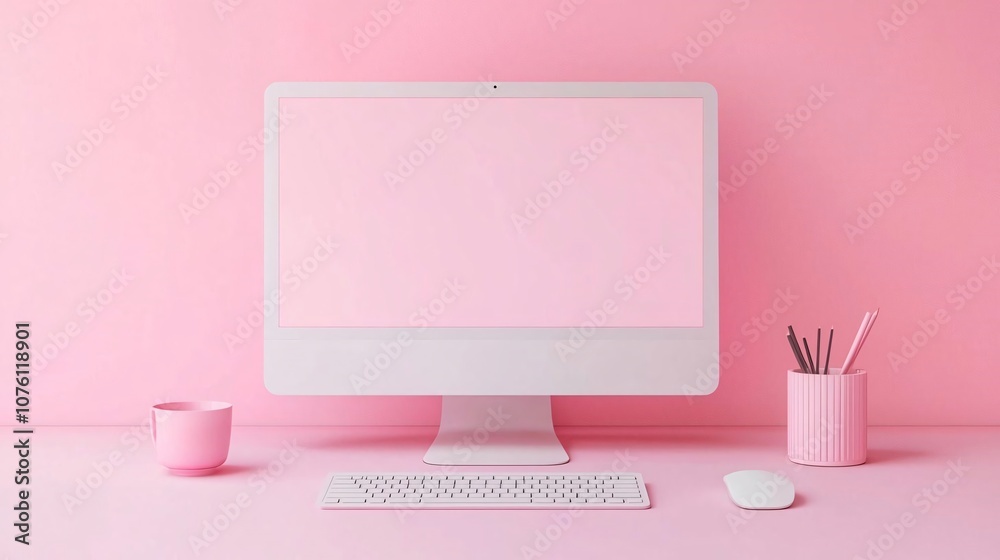A minimalist pink workspace featuring a computer, mouse, and creative stationery, perfect for inspiration.
