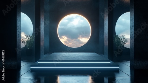 Futuristic dark podium with light and reflection background. 3D rendering.