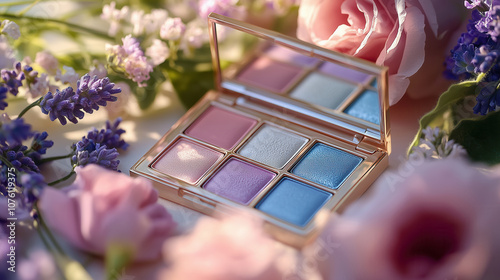 Eyeshadow palette with mirror on background of roses and lavender flowers photo