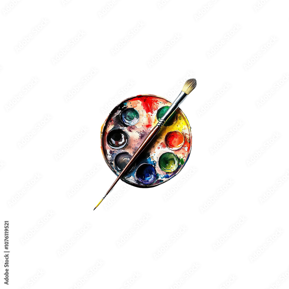 Watercolor painting of an artist's palette and paintbrush isolated on a white background Watercolor painting of an artist's palette and paintbrush isolated on a white background