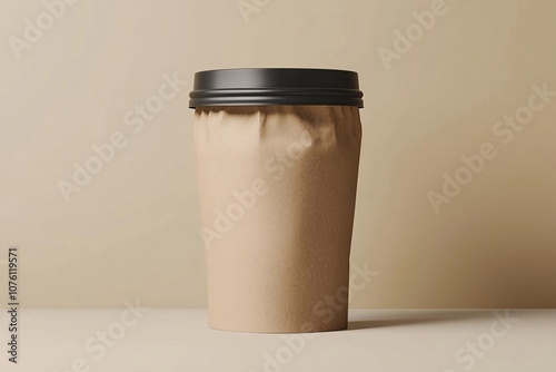 A stylish brown paper coffee cup with a black lid, perfect for branding and cafe-related themes. photo