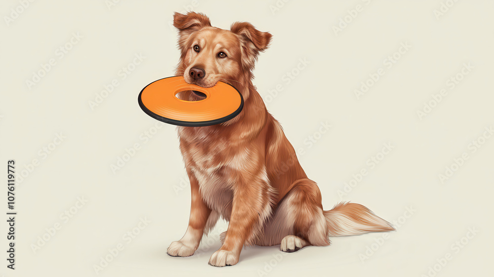 golden retriever dog sitting with orange frisbee in its mouth, playful and happy golden retriever dog sitting with orange frisbee in its mouth, playful and happy