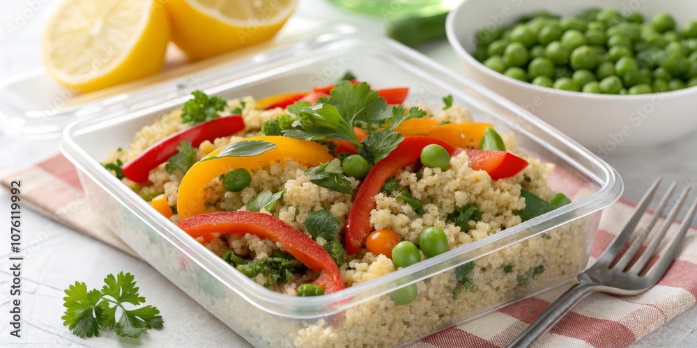 Fresh Quinoa Salad with Bell Peppers, Peas, and Parsley in a Clear Plastic Container - Healthy Meal Prep, Vibrant Ingredients, Nutritious Snack, Colorful Salad Bowl, Clean Eating Fresh Quinoa Salad with Bell Peppers, Peas, and Parsley in a Clear Plastic Container - Healthy Meal Prep, Vibrant Ingredients, Nutritious Snack, Colorful Salad Bowl, Clean Eating