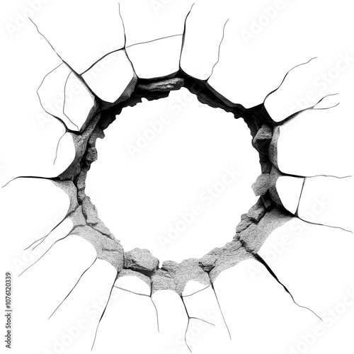 cracked hole in concrete wall isolated on transparent