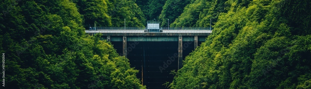 Sustainable hydro dam surrounded by lush greenery and serene waters, showcasing eco-friendly energy solutions. Sustainable hydro dam surrounded by lush greenery and serene waters, showcasing eco-friendly energy solutions.