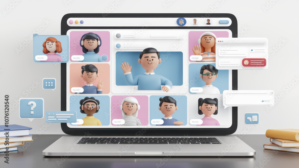 3D illustration of laptop screen displaying video call with diverse avatars, showcasing interaction 3D illustration of laptop screen displaying video call with diverse avatars, showcasing interaction