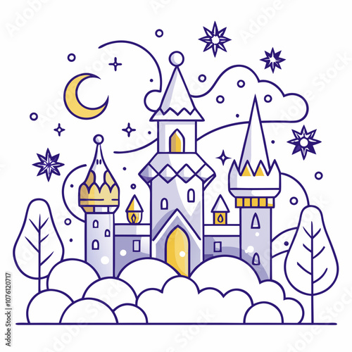 Enchanted Snowy Nights: Line Art Vector on White