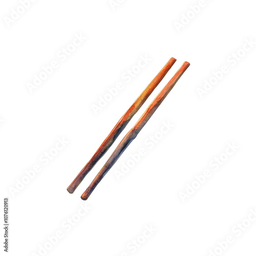 Watercolor illustration of two wooden chopsticks, white background.