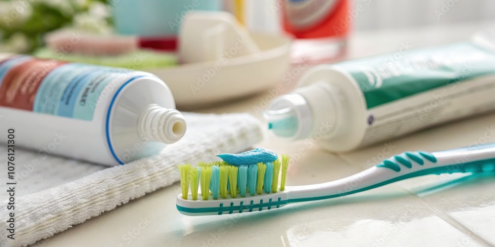Long Exposure Dental Care Concept Featuring Toothbrush and Toothpaste with Copy Space for Health and Hygiene Promotion Long Exposure Dental Care Concept Featuring Toothbrush and Toothpaste with Copy Space for Health and Hygiene Promotion