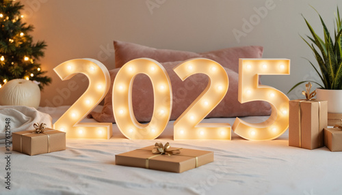 New year 2025 with bright lights,gifts and сhampagne photo