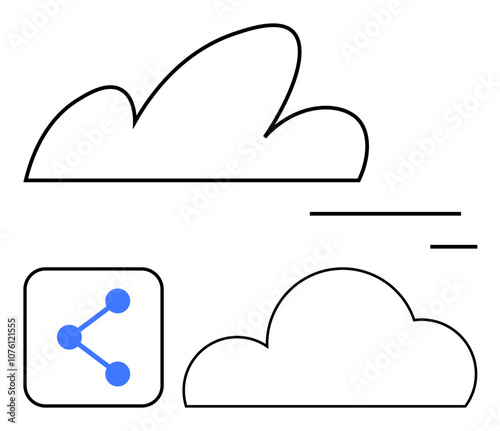 Abstract clouds and network sharing icon in black and blue lines. Ideal for tech, connectivity, cloud computing, networking, digital sharing, data storage, communication. Line metaphor