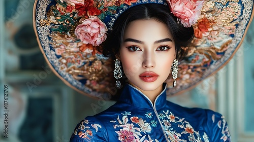 An artistic portrait of a woman in a royal blue Festival Ao Dai, the dress featuring elaborate floral embroidery, the large round headdress delicately placed on her head, photo