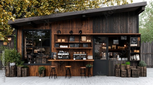 Charming wooden coffee shop with outdoor seating and lush greenery.