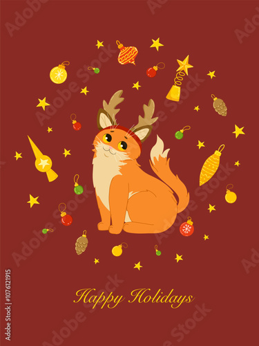 Christmas greeting card. Cute funny cat character in a Christmas reindeer antlers costume. Vector illustration design template for Merry Christmas and Happy New Year celebrations. Happy holidays