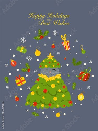 Christmas greeting card. Cute funny cat character playing with Christmas ornaments. Christmas tree decor. Vector illustration design template for Merry Christmas and Happy New Year celebrations