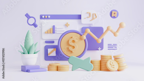 3D illustration of digital marketing concept with coins and graphs