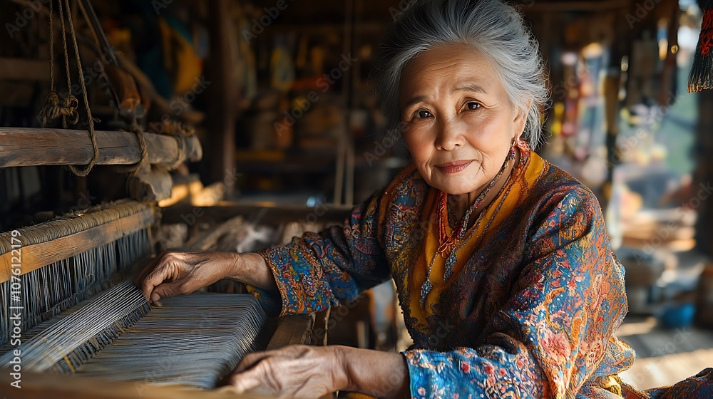 An elder Hmong woman in a traditional embroidered dress, sitting by a wooden loom in her village home, her vibrant attire contrasting with the rustic surroundings, An elder Hmong woman in a traditional embroidered dress, sitting by a wooden loom in her village home, her vibrant attire contrasting with the rustic surroundings,