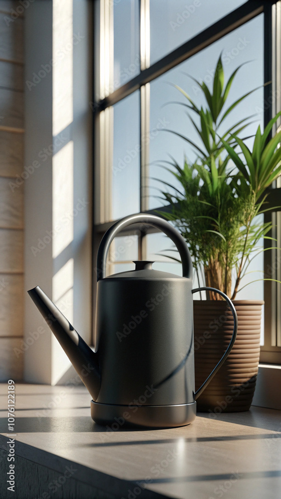 Sleek Black Watering Can with Potted Plant by Sunlit Window, Minimalist Indoor Gardening Setup for Stylish Home Interiors Sleek Black Watering Can with Potted Plant by Sunlit Window, Minimalist Indoor Gardening Setup for Stylish Home Interiors