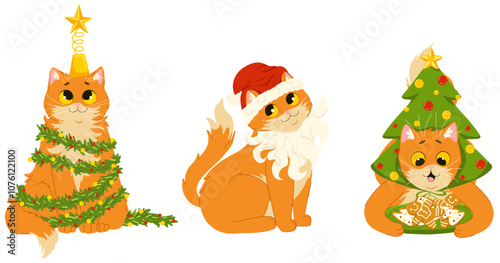 Merry Christmas set of ginger cats celebrating New Year holidays. Vector cartoon illustrations of cute pets wearing funny costumes. Isolated prints for stickers and decor