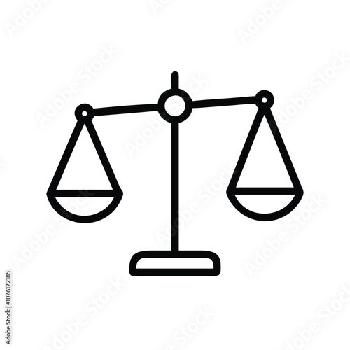 Scales of justice icon in black outline, Vector illustration of the scales of justice in a simple black outline, representing law, balance, equality, and fairness in legal contexts.
