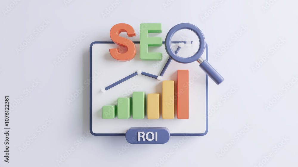 SEO chart with ROI metrics and magnifying glass illustration SEO chart with ROI metrics and magnifying glass illustration