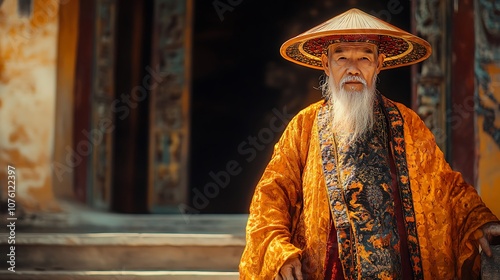 An elderly Vietnamese mandarin in full court attire, standing on the steps of an ancient temple, his elaborate robe flowing in the wind, the mandarin hat casting a shadow on his stern face,