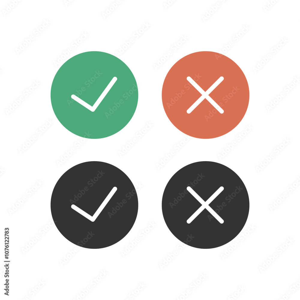 Check and cross in circle shape mark icon isolated vector illustration. Check and cross in circle shape mark icon isolated vector illustration.