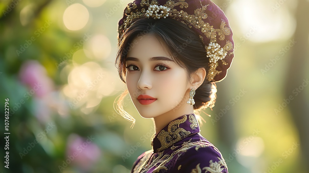 An elegant Vietnamese woman wearing a deep purple Hue Royal Ao Dai with gold dragon motifs, posing gracefully in the gardens of the Imperial Palace, her headpiece adorned with pearls and jewels, An elegant Vietnamese woman wearing a deep purple Hue Royal Ao Dai with gold dragon motifs, posing gracefully in the gardens of the Imperial Palace, her headpiece adorned with pearls and jewels,