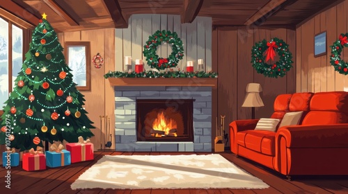 Cozy christmas interior with decorated fireplace and sparkling christmas tree, featuring festive ornaments, warm lights, and holiday decor for a traditional and inviting seasonal atmosphere