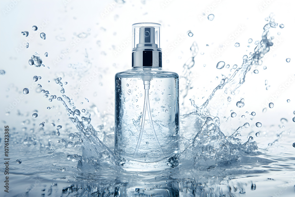 Refreshing Hydration: A clear glass bottle of spray mist is captured in a dynamic splash of water, showcasing the product's refreshing and revitalizing qualities. Refreshing Hydration: A clear glass bottle of spray mist is captured in a dynamic splash of water, showcasing the product's refreshing and revitalizing qualities.